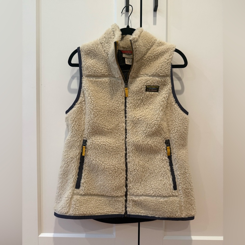 L.L. Bean Cream Sherpa Fleece Vest with Yellow Trim